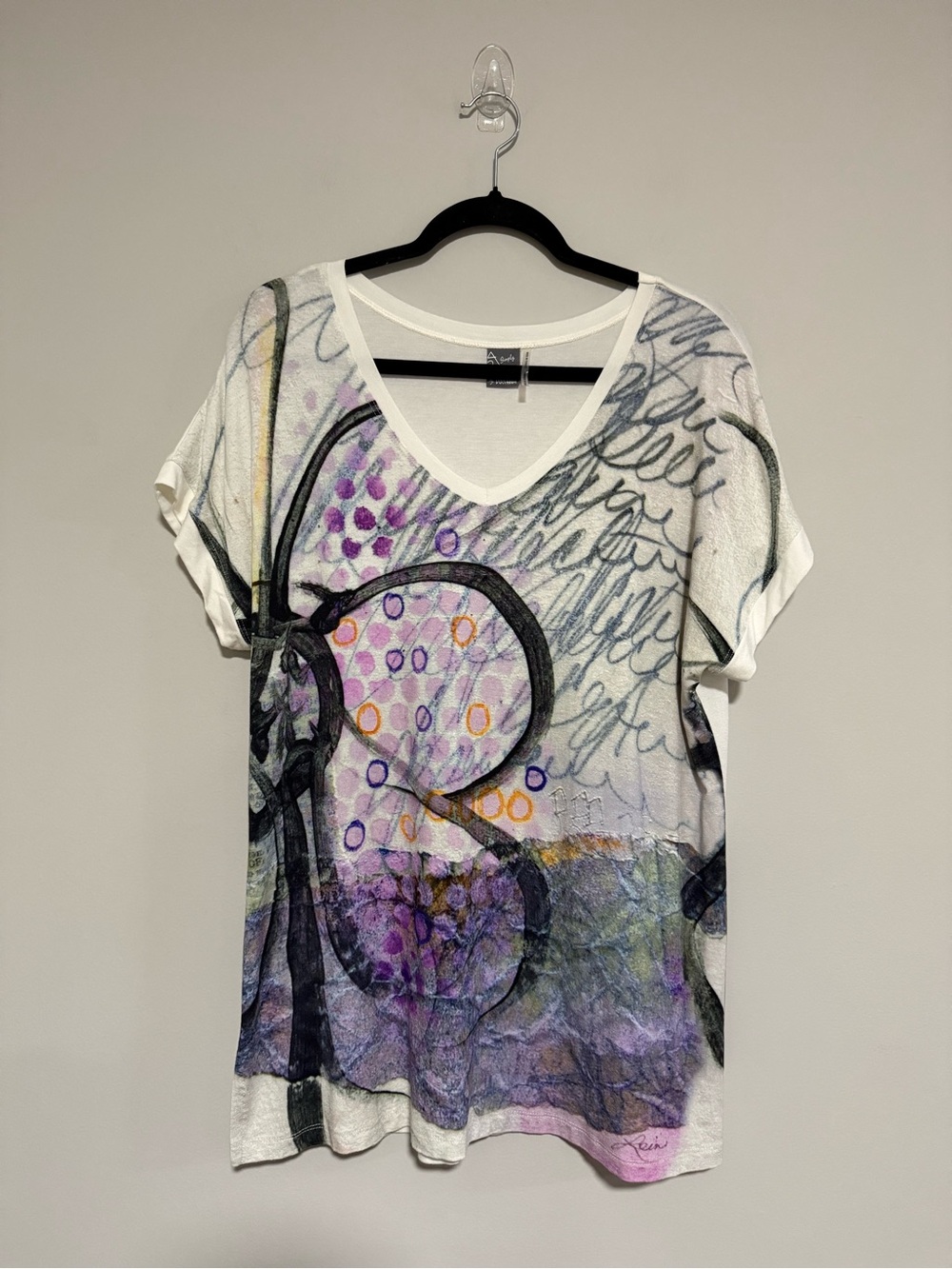 Simply Art by Dolcezza Abstract Print V-Neck Short Sleeve Tunic Top Size XL